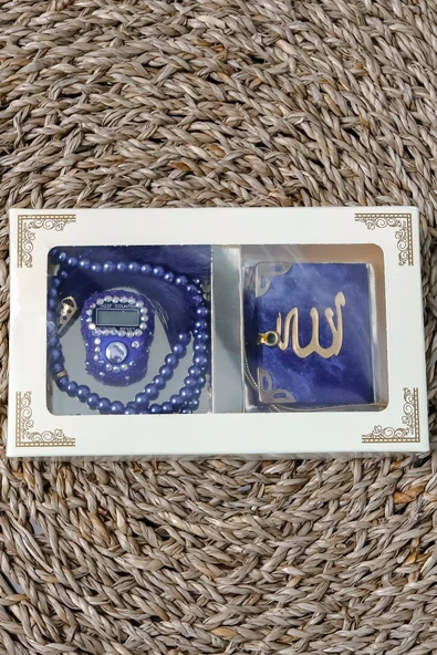 10 Adet - Taşlı Zikirmatik Tesbihmatik Kadife Kaplı Mini Kuran 99lu İnci Tesbih Seti - Resim 4