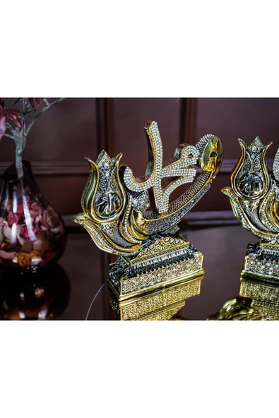 Gold Biblo Lüks Hediyelik Aksesuar Altın Kaplama Dini Islami Dekoratif Figür Vav Allah Muhammed Süs - Resim 2