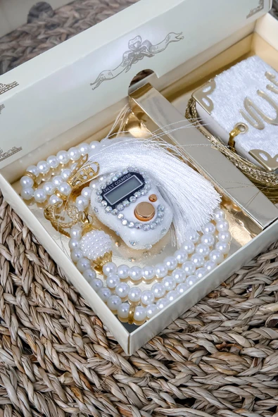 10 Adet - Taşlı Zikirmatik Tesbihmatik Kadife Kaplı Mini Kuran 99lu İnci Tesbih Seti - Resim 4