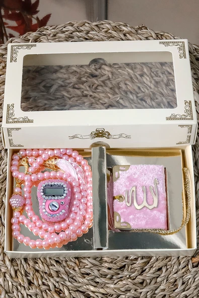 10 Adet - Taşlı Zikirmatik Tesbihmatik Kadife Kaplı Mini Kuran 99lu İnci Tesbih Seti - Resim 3