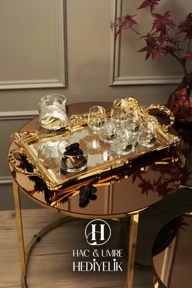 Zemzem Sunum Takımı 9 Parça | Aynalı Tepsili Lüks İçecek Sunum Seti | Mevlid Hac Umre Hediyesi - Resim 6