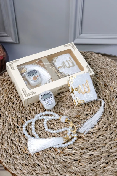 10 Adet - Taşlı Zikirmatik Tesbihmatik Kadife Kaplı Mini Kuran 99lu İnci Tesbih Seti ürün görseli