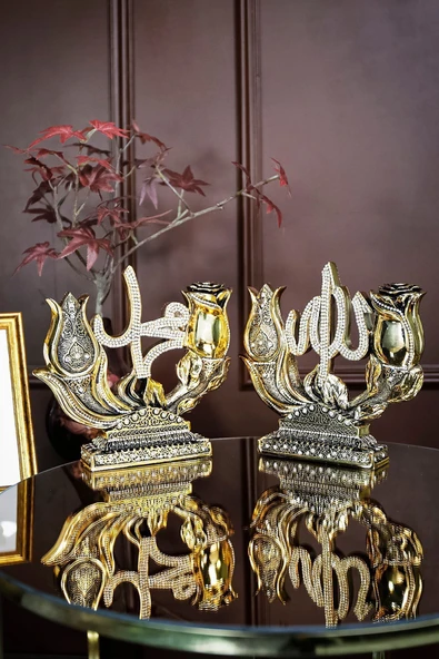 İkili Biblo Gül Lale Allah Muhammed Dini Islami Biblo Aksesuar Hediyelik Dekoratif Obje Süs ürün görseli