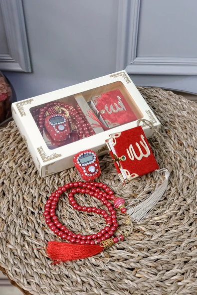 10 Adet Taşlı Zikirmatik Tesbihmatik Kadife Kaplı Mini Kuran 99lu İnci Tesbih Seti ürün görseli