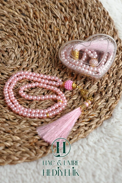 Hediyelik Tesbih | 99lu İnci Tesbih Vav İmameli Püsküllü Kalp Kutulu | Hac Umre Gün Davet Hediyesi ürün görseli