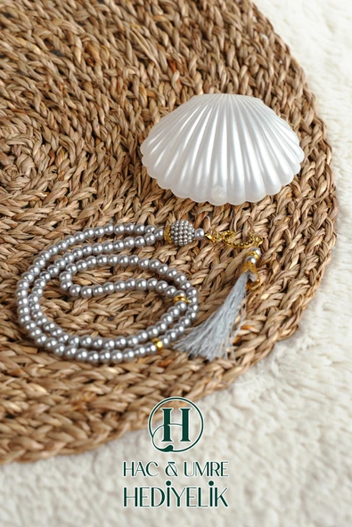Tesbih Hediyelik | Özel Gün Davet Hediyesi | Deniz Kabuğu Kutulu 99lu İnci Tesbih Vav Süslü Püsküllü ürün görseli