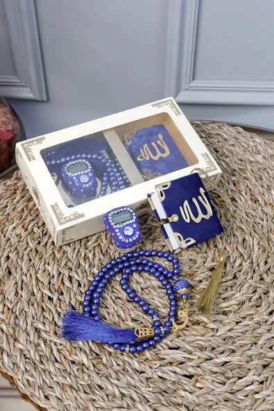 10 Adet - Taşlı Zikirmatik Tesbihmatik Kadife Kaplı Mini Kuran 99lu İnci Tesbih Seti ürün görseli