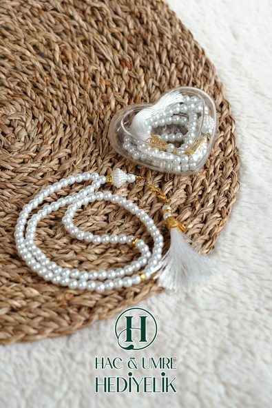 Hediyelik Tesbih | 99lu İnci Tesbih Vav İmameli Püsküllü Kalp Kutulu | Hac Umre Gün Davet Hediyesi - Resim 2