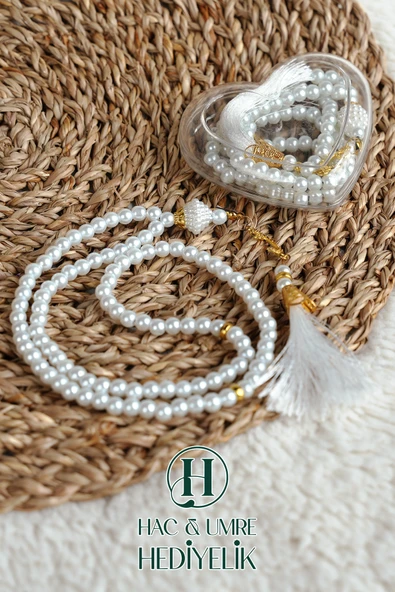 Hediyelik Tesbih | 99lu İnci Tesbih Vav İmameli Püsküllü Kalp Kutulu | Hac Umre Gün Davet Hediyesi - Resim 3