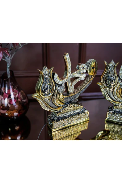 Gold Dekorasyon Lüks Hediyelik Aksesuar Biblo Dini Islami Dekoratif Obje Vav Allah Muhammed Süs - Resim 5