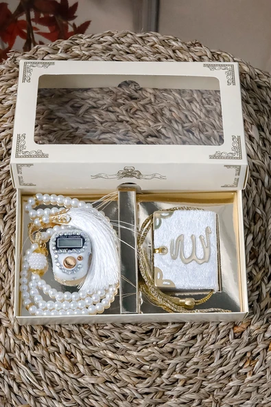 10 Adet - Taşlı Zikirmatik Tesbihmatik Kadife Kaplı Mini Kuran 99lu İnci Tesbih Seti - Resim 2