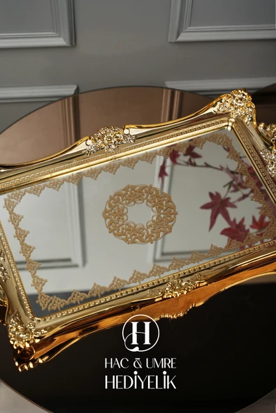 Söz Nişan Nikah Zemzem Sunum Tepsisi | Lüks Gold Dekoratif Aynalı Tepsi | Avangard Süslü Tepsi - Resim 3