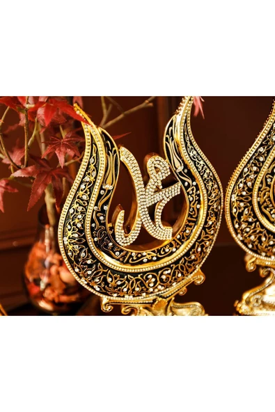 Lüks Dini Islami Manevi Hediye | Hediyelik Biblo | Gold Dekoratif Ürün | Lale Allah Muhammed Süs Set - Resim 3