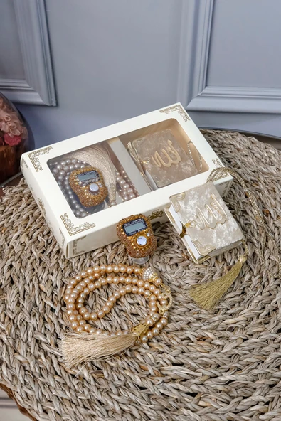 10 Adet - Taşlı Zikirmatik Tesbihmatik Kadife Kaplı Mini Kuran 99lu İnci Tesbih Seti ürün görseli