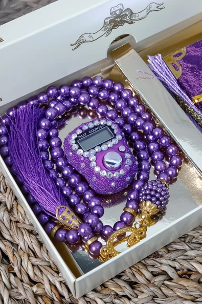 10 Adet Taşlı Zikirmatik Tesbihmatik Kadife Kaplı Mini Kuran 99lu İnci Tesbih Seti - Resim 6