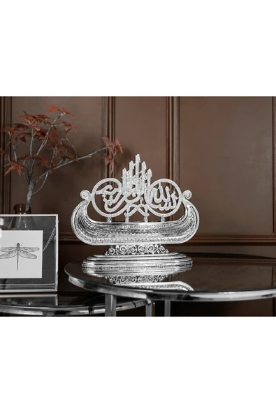 LÜKS OFİS HEDİYESİ FİGÜR DEKORATİF OBJE GEMİ BESMELE GÜMÜŞ - Resim 2
