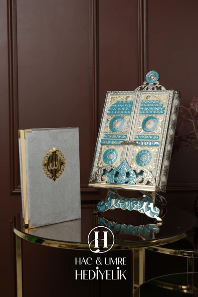 Gümüş Kaplama Kuran Kabı ve Kadife Kuranı Kerim Seti | Hediyelik Lüks Stantlı Kuran Kutusu ve Kuran - Resim 7