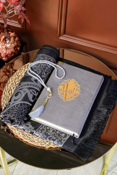 Kuran Seti Rahleli Ahşap Kuran Standı Kadife Kuran İnci Tesbih Seccade Seti - Resim 2