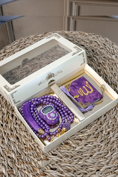 10 Adet Taşlı Zikirmatik Tesbihmatik Kadife Kaplı Mini Kuran 99lu İnci Tesbih Seti - Resim 2