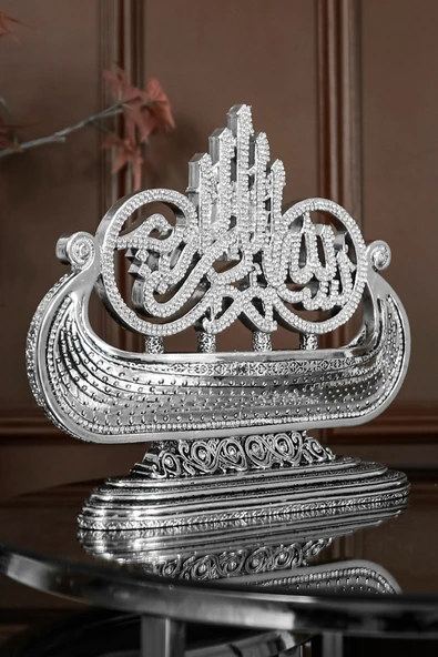 LÜKS OFİS HEDİYESİ FİGÜR DEKORATİF OBJE GEMİ BESMELE GÜMÜŞ - Resim 5