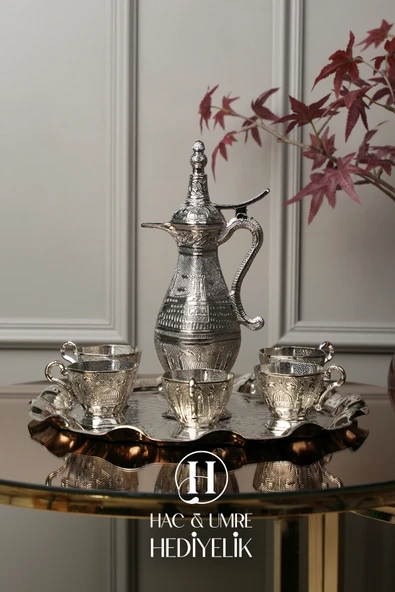 Zemzem Takımı | Zemzem Seti | El Yapımı Gümüş Zemzem Sunum Seti | Tepsi, İbrik ve Bardak Set - 4