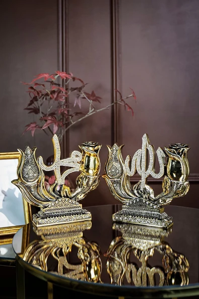 İkili Biblo Gül Lale Allah Muhammed Dini Islami Biblo Aksesuar Hediyelik Dekoratif Obje Süs - Resim 2