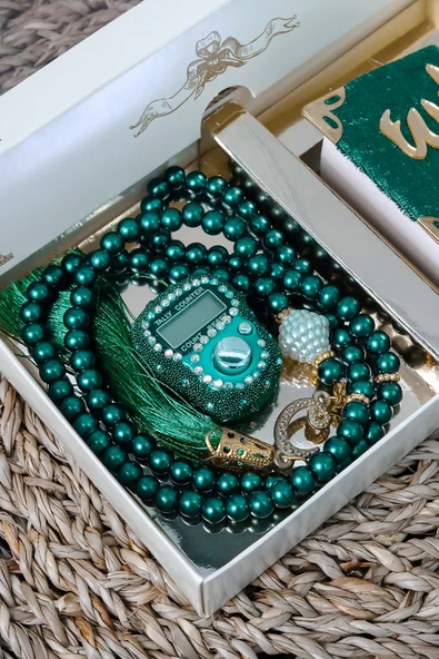 10 Adet - Taşlı Zikirmatik Tesbihmatik Kadife Kaplı Mini Kuran 99lu İnci Tesbih Seti - Resim 6