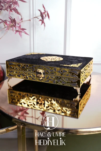 Hediyelik Kuranı Kerim | İslami Hediye | Lüks Ahşap Kutu, Kadife Kuran, Şal ve İnci Tesbih Seti - Resim 5