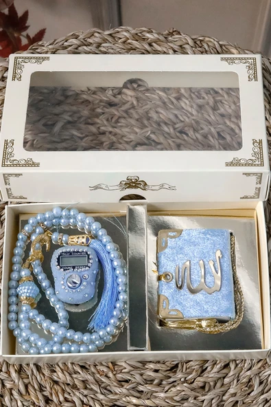 10 Adet - Taşlı Zikirmatik Tesbihmatik Kadife Kaplı Mini Kuran 99lu İnci Tesbih Seti - Resim 3