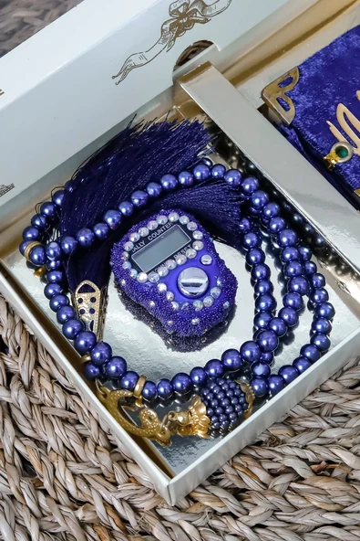 10 Adet - Taşlı Zikirmatik Tesbihmatik Kadife Kaplı Mini Kuran 99lu İnci Tesbih Seti - Resim 6