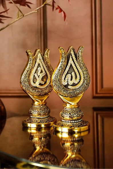 İslami Hediyelik En Güzel Manevi Hediyeler Gold Dekoratif Obje Lale Allah Muhammed Lüks Biblo - Resim 5