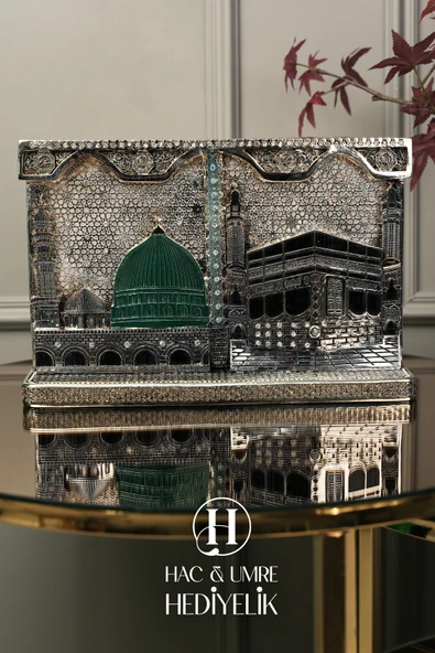 Hac Umre Hediyesi | İslami Dekor | Kabe ve Mescidi Nebevi Gümüş Dekor | İkili Mekke Medine Biblosu - Resim 3