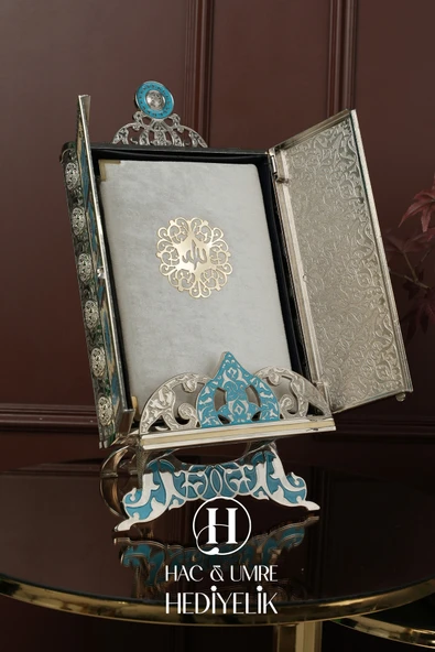 Gümüş Kaplama Kuran Kabı ve Kadife Kuranı Kerim Seti | Hediyelik Lüks Stantlı Kuran Kutusu ve Kuran - Resim 2