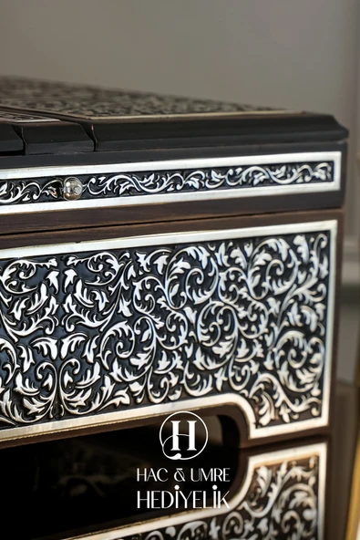 Gümüş Kaplama Ahşap Rahle ve Kuranı Kerim Seti, Gümüş İşlemeli Lüks Kuran Okuma Sehpası ve Kuran Set - Resim 5