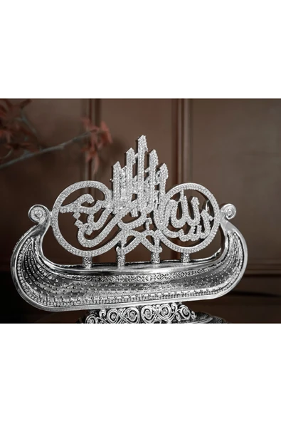 LÜKS OFİS HEDİYESİ FİGÜR DEKORATİF OBJE GEMİ BESMELE GÜMÜŞ - Resim 4