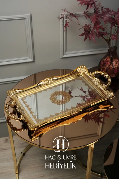 Söz Nişan Nikah Zemzem Sunum Tepsisi | Lüks Gold Dekoratif Aynalı Tepsi | Avangard Süslü Tepsi ürün görseli