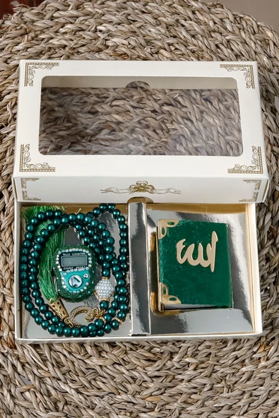 10 Adet - Taşlı Zikirmatik Tesbihmatik Kadife Kaplı Mini Kuran 99lu İnci Tesbih Seti - Resim 3