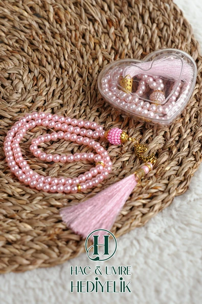 Hediyelik Tesbih | 99lu İnci Tesbih Vav İmameli Püsküllü Kalp Kutulu | Hac Umre Gün Davet Hediyesi - Resim 3