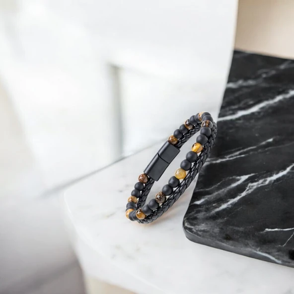 Kaplan Gözü Ve Oniks Doğaltaş Deri Çelik Bileklik 31832B7D29 - Resim 3