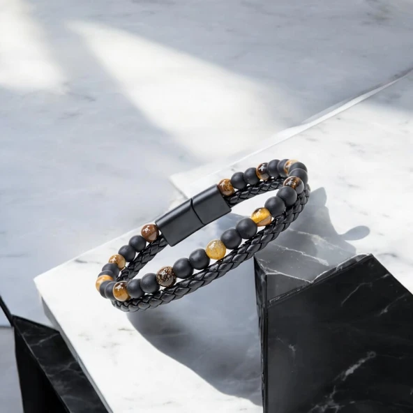 Kaplan Gözü Ve Oniks Doğaltaş Deri Çelik Bileklik 31832B7D29 - Resim 4