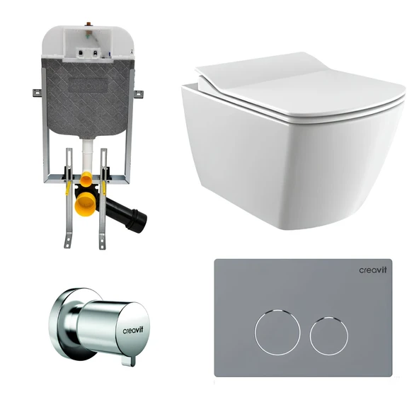 Creavit Elegant Beyaz Kanalsız Asma Klozet EG321, Duroplast Yavaş Kapak, Terra Gömme Rezervuar Set