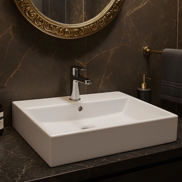 Turavit Vega Dikdörtgen Beyaz Delikli Lavabo 60x45 Cm VG0060 ürün görseli 1