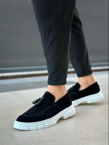 ET0240 Klasik Parlak Püsküllü Süet Siyah Beyaz Taban Erkek Ayakkabı - Resim 2