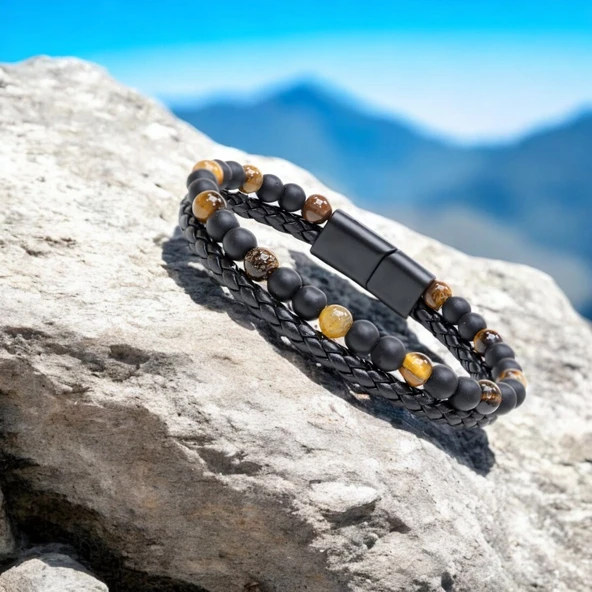 Kaplan Gözü Ve Oniks Doğaltaş Deri Çelik Bileklik 31832B7D29 - Resim 2