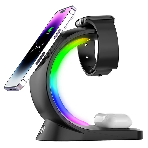 S-link SL-CW20 Telefon, Saat, Kulaklık Uyumlu 15W Siyah RGB Kablosuz Şarj Cihazı - 1