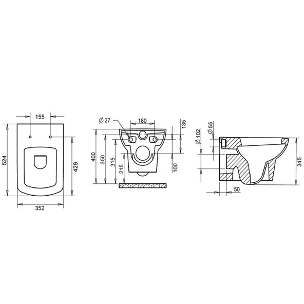 Turavit Plaza Beyaz Kanallı Asma Klozet PLZ1710, Nkp Yavaş Kapak, Creavit Terra Gömme Rezervuar Set - 4
