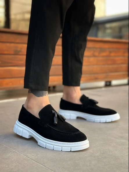 ET0240 Klasik Parlak Püsküllü Süet Siyah Beyaz Taban Erkek Ayakkabı - Resim 3