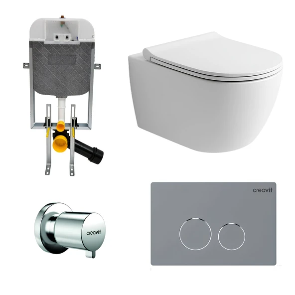 Turavit Rondo Kanalsız Beyaz Asma Klozet RND5512, Nkp Yavaş Kapak, Creavit Terra Gömme Rezervuar Set ürün görseli 1
