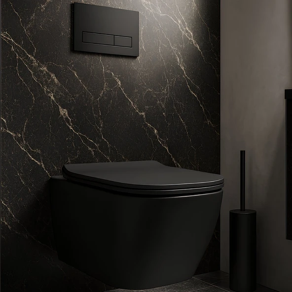 Turavit Luna Kanalsız Mat Siyah Asma Klozet LN5610S, Luna Mat Siyah Duroplast Yavaş Kapak - Resim 6