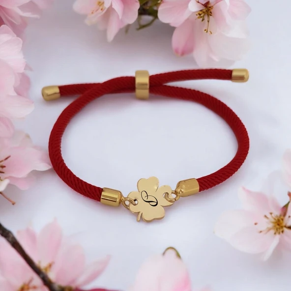Harfe Özel 14 Ayar Altın Plakalı Çiçek Figürlü Kırmızı İpek Örgülü Hediye Bileklik-324 ürün görseli